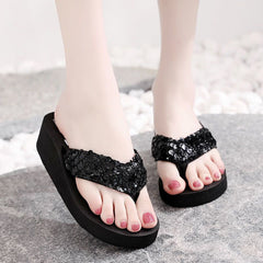 Sequin Thick Sole Wedge Sandals Non Slip Summer Thong Sandals