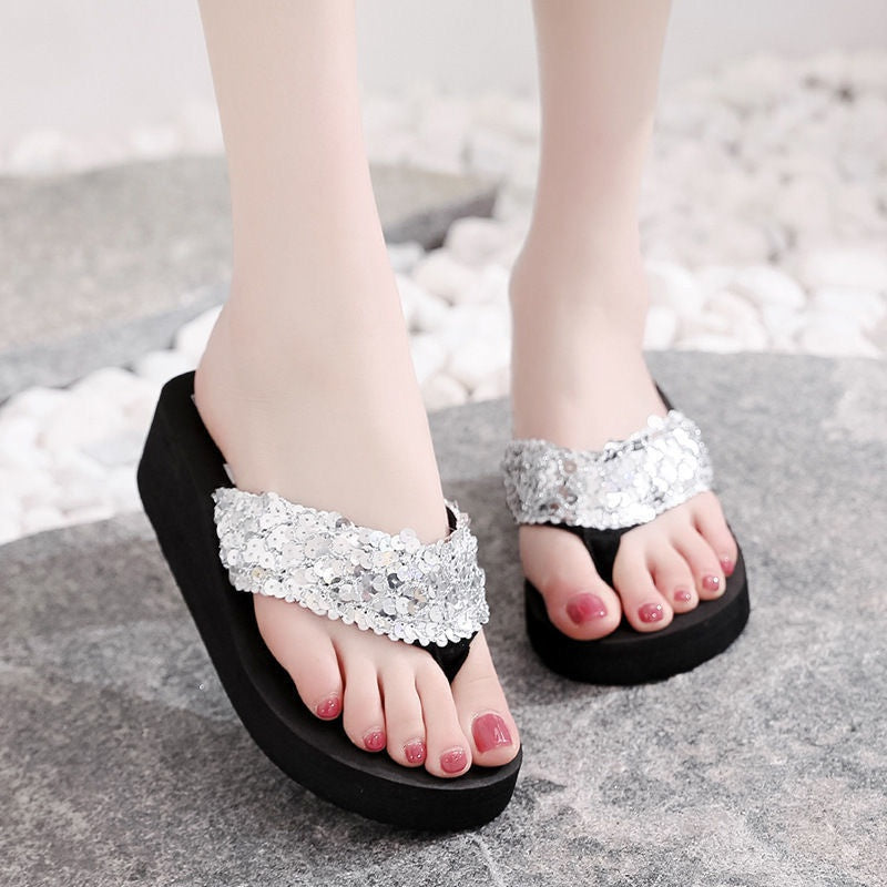 Sequin Thick Sole Wedge Sandals Non Slip Summer Thong Sandals