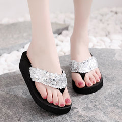 Sequin Thick Sole Wedge Sandals Non Slip Summer Thong Sandals