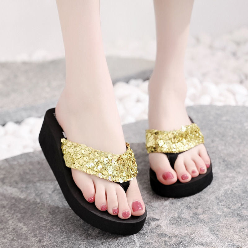 Sequin Thick Sole Wedge Sandals Non Slip Summer Thong Sandals