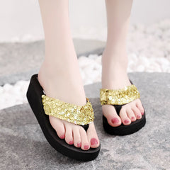 Sequin Thick Sole Wedge Sandals Non Slip Summer Thong Sandals