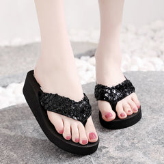 Sequin Thick Sole Wedge Sandals Non Slip Summer Thong Sandals