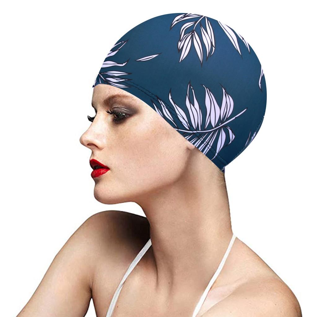 Waterproof Leaf Print Swimming Cap with Ear Protection for Adults