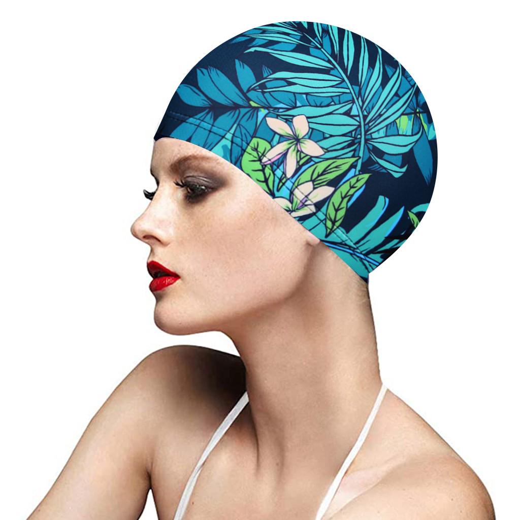 Waterproof Leaf Print Swimming Cap with Ear Protection for Adults