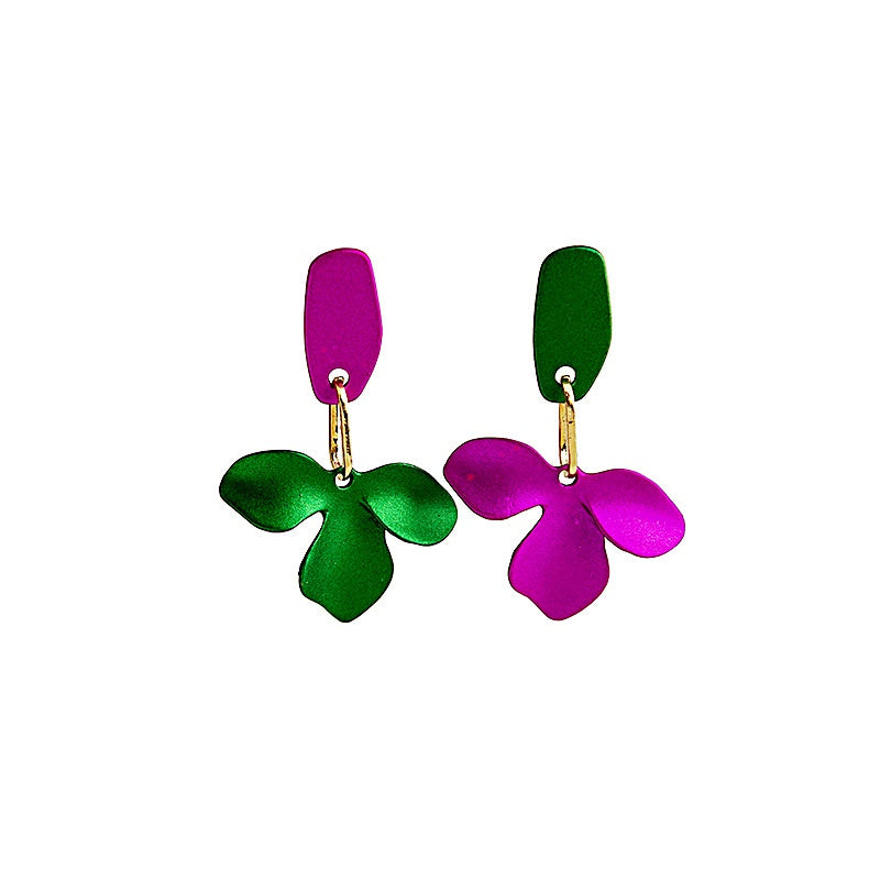 Green & Purple Flower Earrings Silver Needle Punk Style