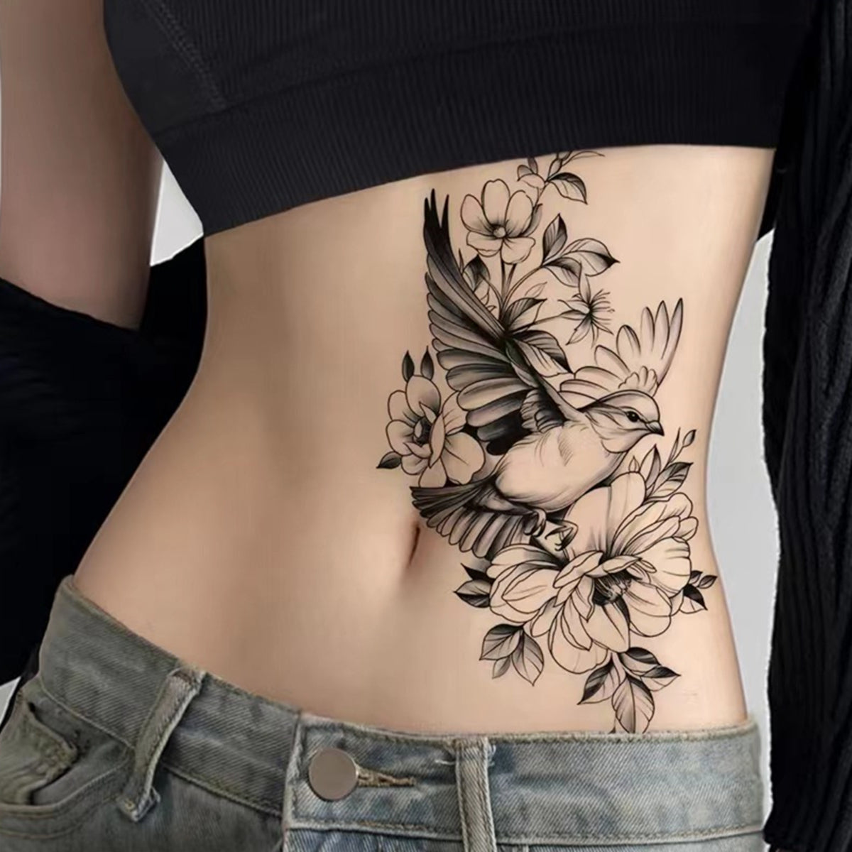Large Flower Bird Temporary Tattoos for Arm Leg Abdomen