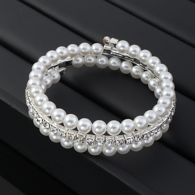 Elastic Bracelet with Rhinestones & Faux Pearls