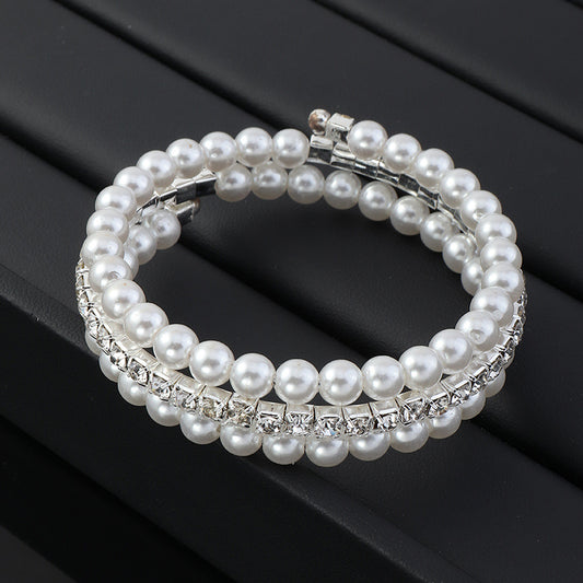 Elastic Bracelet with Rhinestones & Faux Pearls