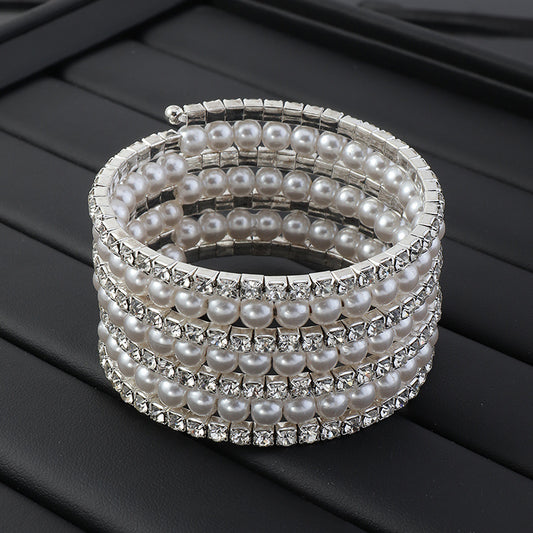 Elastic Bracelet with Rhinestones & Faux Pearls