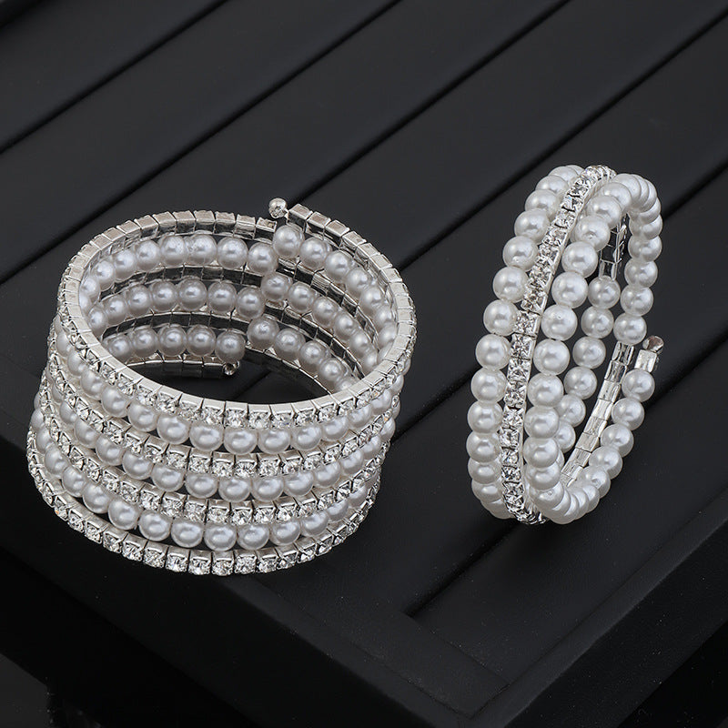 Elastic Bracelet with Rhinestones & Faux Pearls