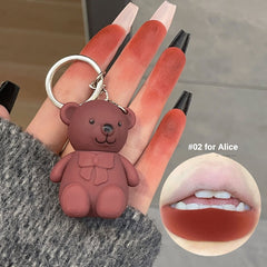 Gray Pink Matte Lip Glaze Bear Keychain Liquid Lipstick