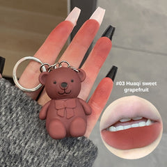 Gray Pink Matte Lip Glaze Bear Keychain Liquid Lipstick