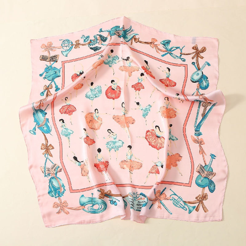 Ballet Girls Print Square Scarf Satin Neckerchief Head Wrap Sunscreen