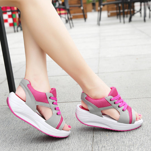 Women's Mesh Wedge Sandals Open Toe Lace Up Comfy Sports Sandals