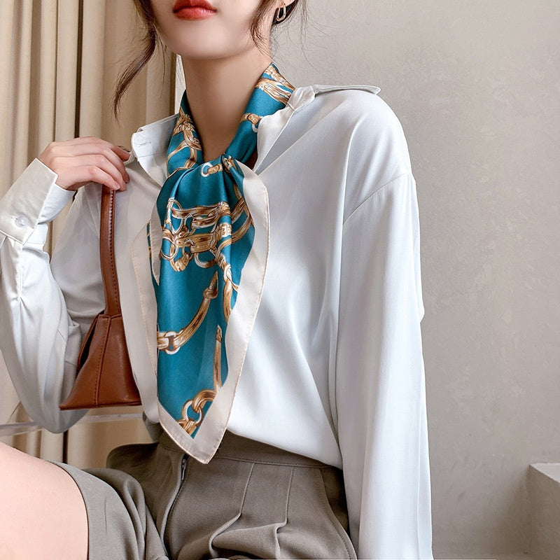 Chain Print Satin Square Scarf Neckerchief Head Wrap Sunscreen