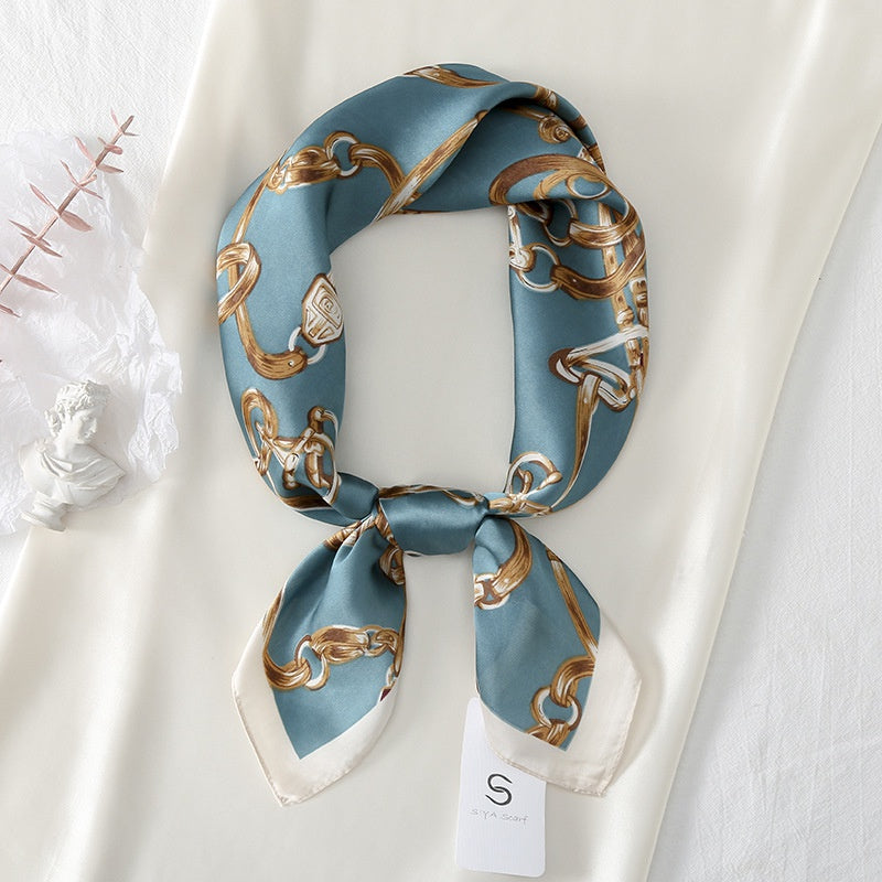 Chain Print Satin Square Scarf Neckerchief Head Wrap Sunscreen