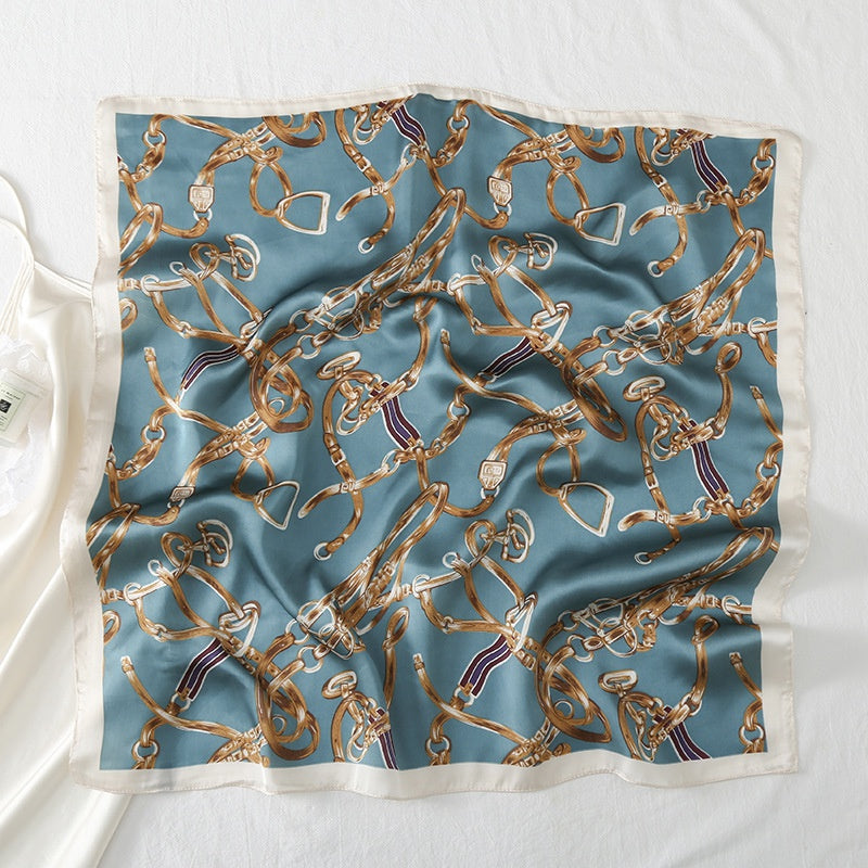 Chain Print Satin Square Scarf Neckerchief Head Wrap Sunscreen