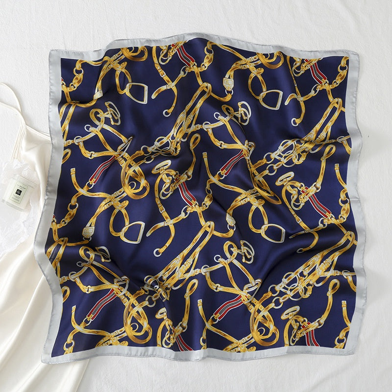 Chain Print Satin Square Scarf Neckerchief Head Wrap Sunscreen