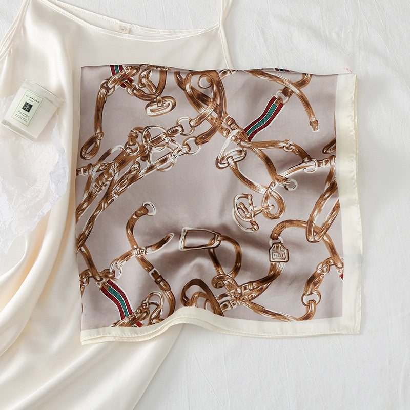 Chain Print Satin Square Scarf Neckerchief Head Wrap Sunscreen