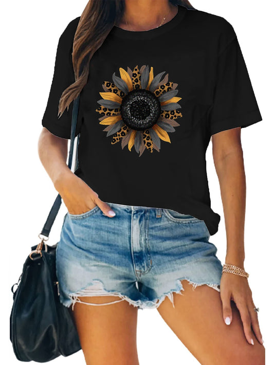 Leopard Sunflower Print T-shirts Short Sleeve Casual Graphic Tee Women's Summer
