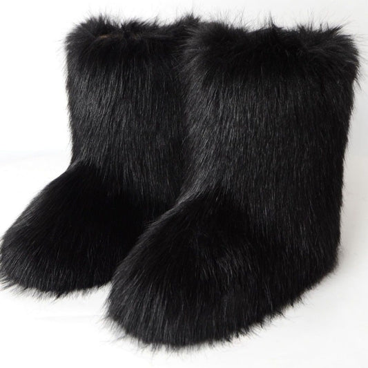 Women's Warm Furry Mid Calf Boots Slip On Snow Boots