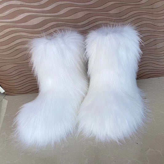 Women's Warm Furry Mid Calf Boots Slip On Snow Boots