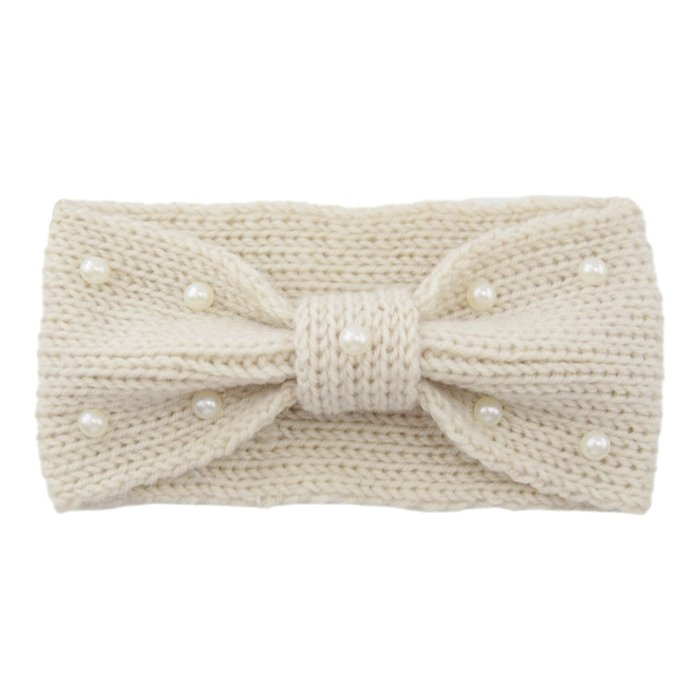 Faux Pearl Cross Knot Knitted Headband Elastic Winter Hair Accessory