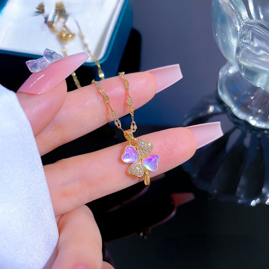 Moonstone Clover Zircon Necklace Women's Jewelry