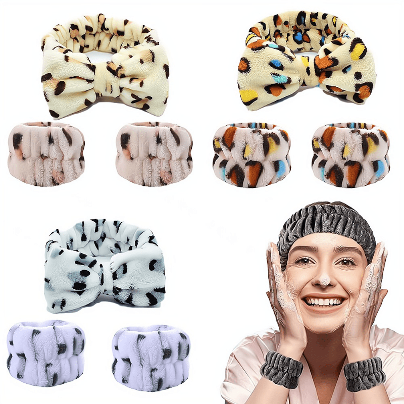 Leopard Headband & Wristband Set Plush Elastic Headscarf