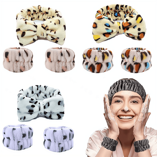 Leopard Headband & Wristband Set Plush Elastic Headscarf