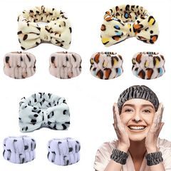 Leopard Headband & Wristband Set Plush Elastic Headscarf