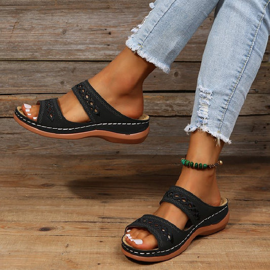 Women's Wedge Sandals Open Toe Faux Leather Casual Slides