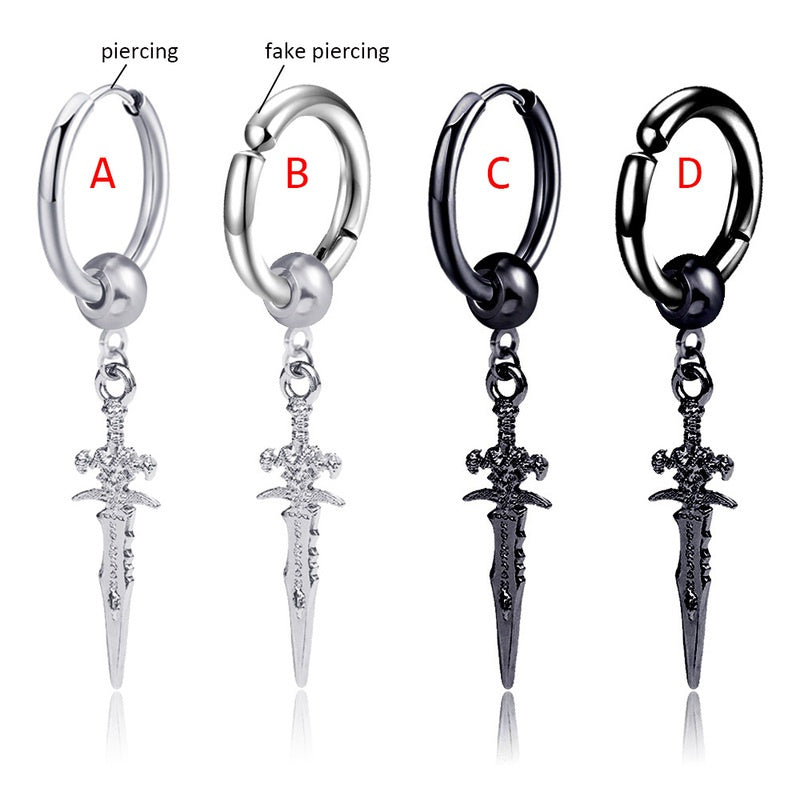 Punk Stainless Steel Stud Earrings with Sword Cross Pendant - 2pcs Pair