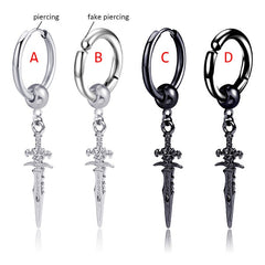 Punk Stainless Steel Stud Earrings with Sword Cross Pendant - 2pcs Pair