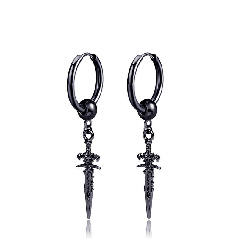 Punk Stainless Steel Stud Earrings with Sword Cross Pendant - 2pcs Pair