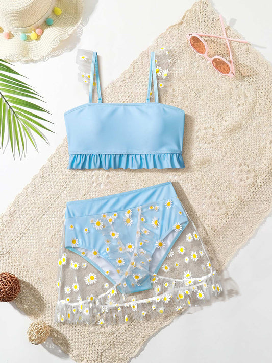 Toddler Girls Floral Mesh Bikini Swimsuit Ruffle Trim Bathing Suit