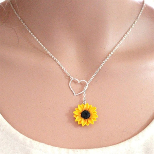 Sunflower Heart Lariat Necklace Infinity Charm Bridal Flower Bridesmaid Daisy