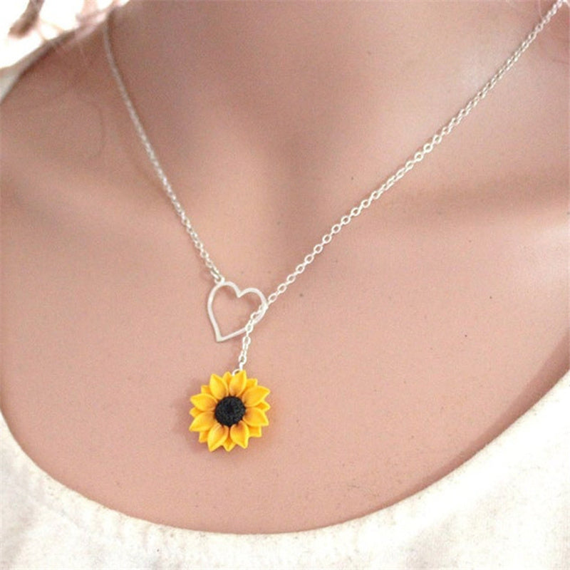 Sunflower Heart Lariat Necklace Infinity Charm Bridal Flower Bridesmaid Daisy