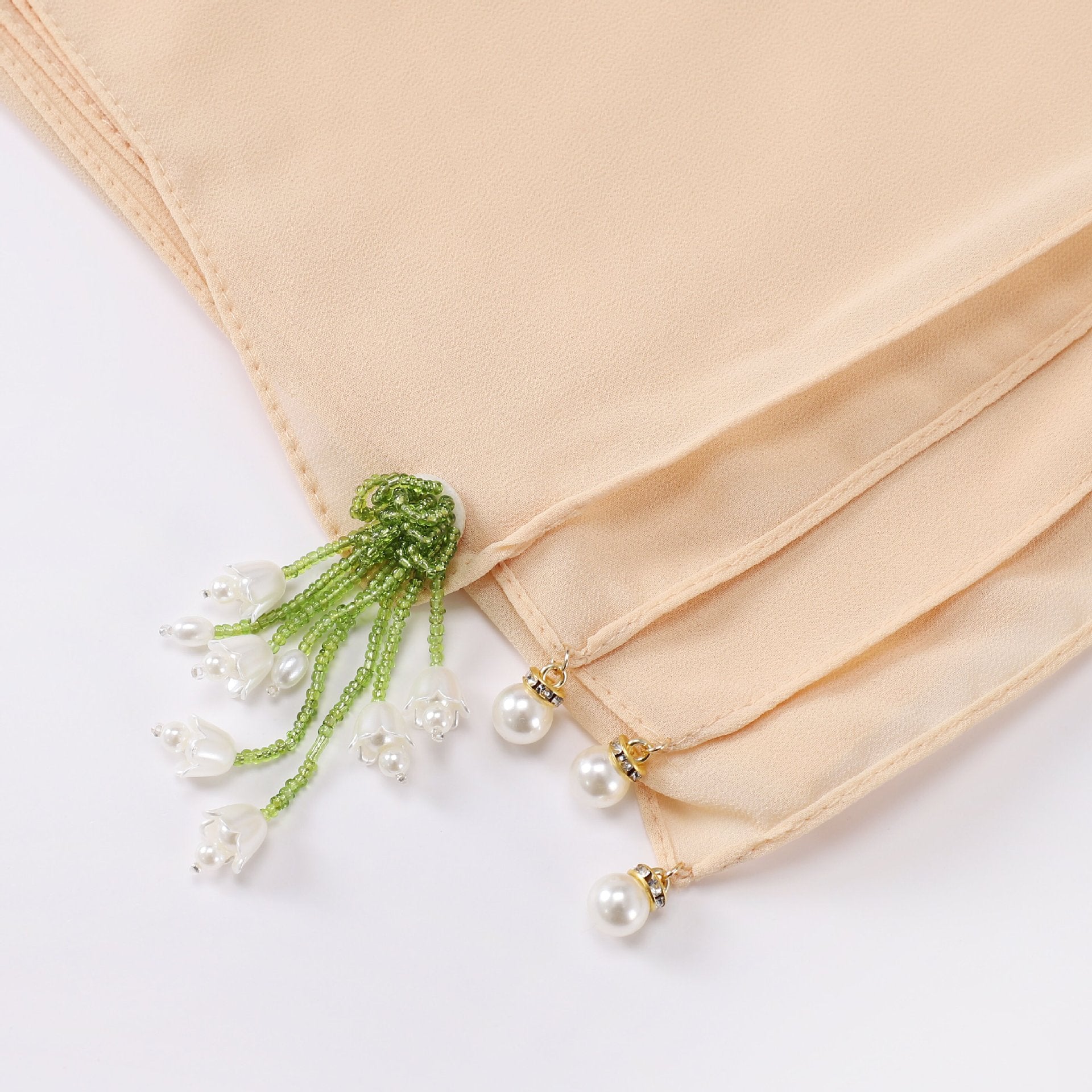 Faux Pearl Tassel Hijab Chiffon Scarf Solid Shawl