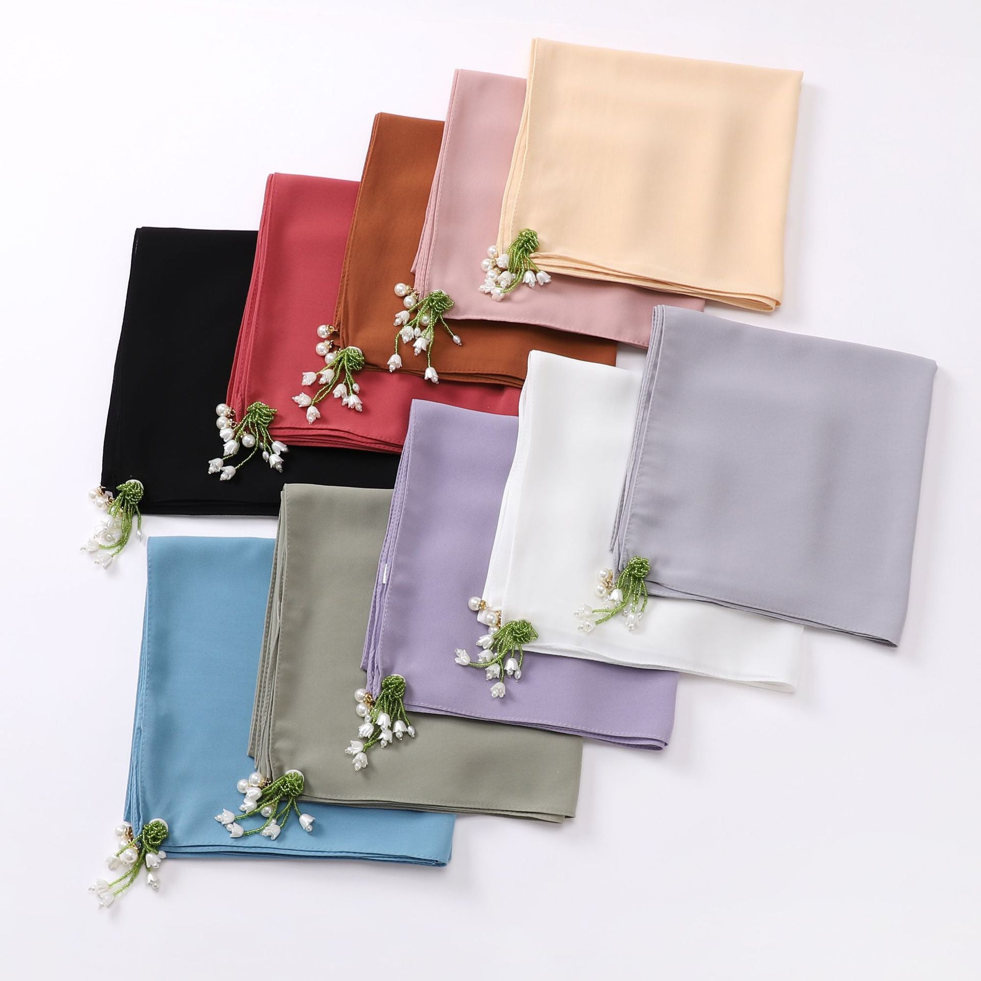 Faux Pearl Tassel Hijab Chiffon Scarf Solid Shawl