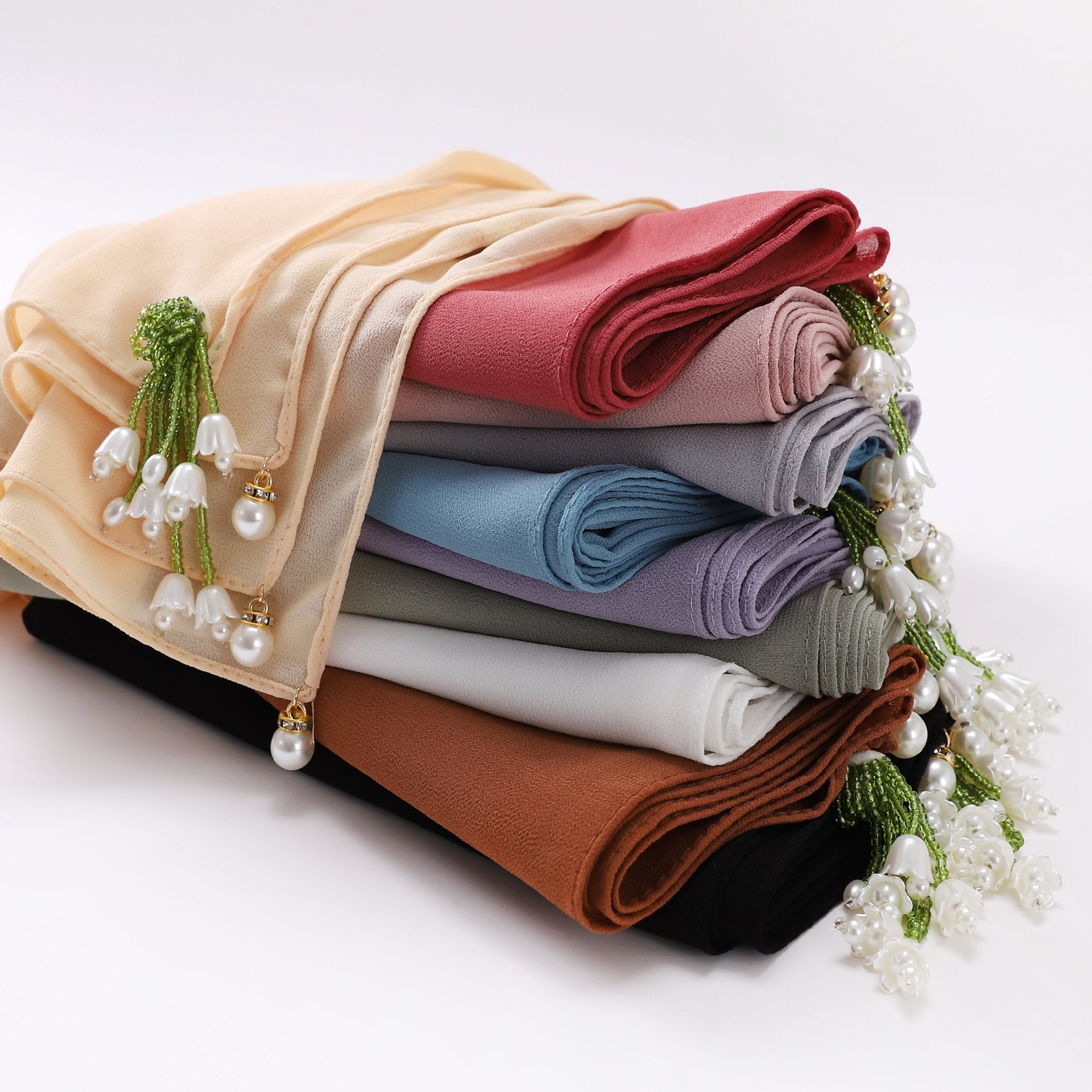 Faux Pearl Tassel Hijab Chiffon Scarf Solid Shawl