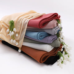 Faux Pearl Tassel Hijab Chiffon Scarf Solid Shawl