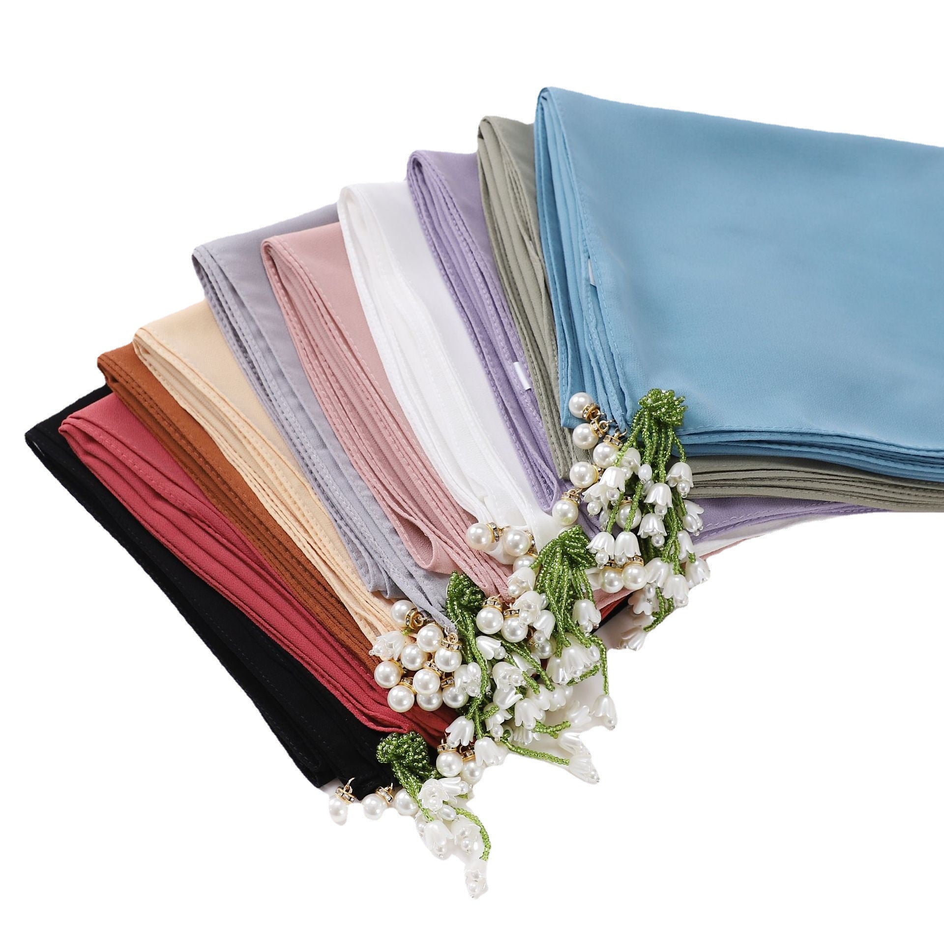 Faux Pearl Tassel Hijab Chiffon Scarf Solid Shawl