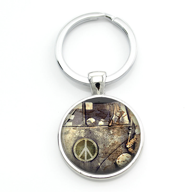 Vintage Hippie Peace Sign Van Bus Keychain Men Women Purse Bag Car Pendant Key C