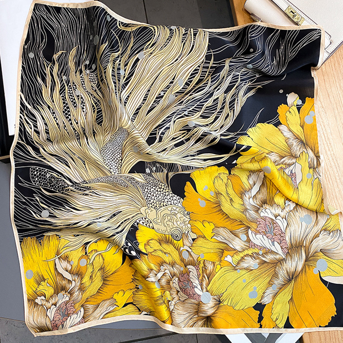 Goldfish Blossom Neckerchief Silk Square Scarf Bandana Head Wrap