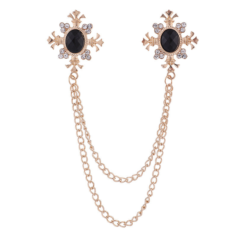 Men's Corsage Cross Collar Chain Rhinestone Brooch Pin