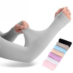 1pair Thumb Hole Arm Sleeves For Women Men Solid Sunscreen Ice Sleeves Gloves