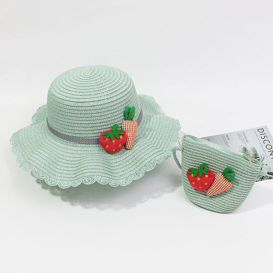 Kids Flower & Fruit Straw Sun Hat & Bag Set, Assorted Colors
