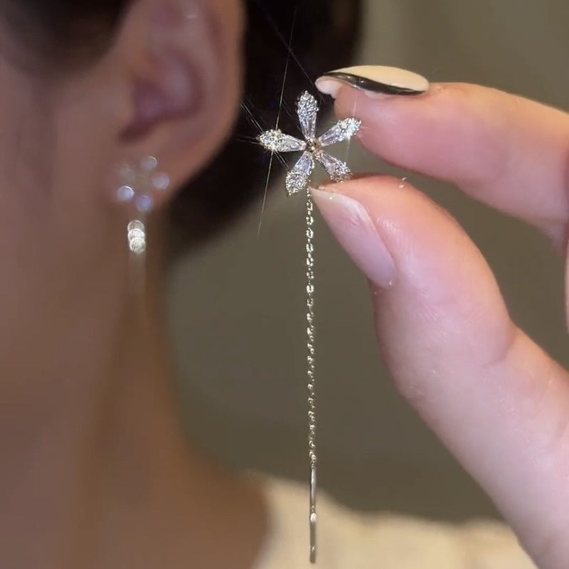 Flower Shape Tassel Dangle Earrings with Synthetic Gems
