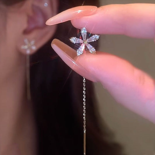 Flower Shape Tassel Dangle Earrings with Synthetic Gems